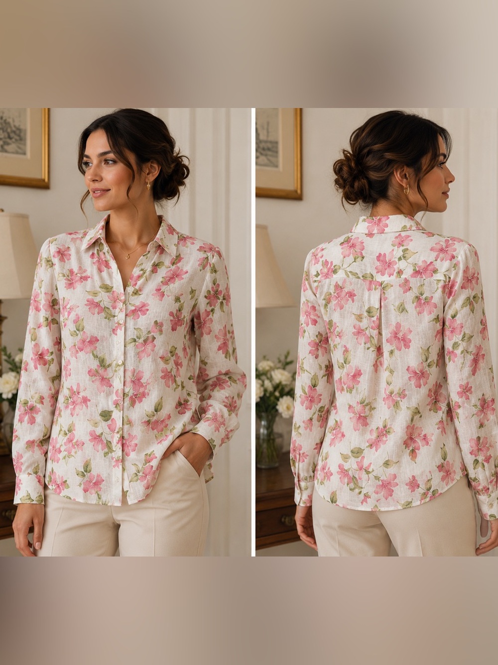 Parisian Works Petite 100% Linen Pink Floral Button-Up Blouse | PM